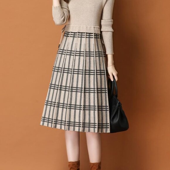Women's Plaid Checkered Color Block A Line Pleated Knit Midi Dress - Picture 4 of 4